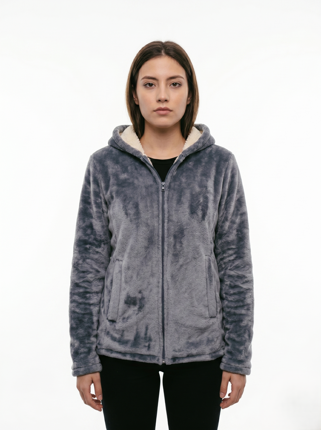 Chamarra Polar Térmica con Capucha y Forro Sherpa Gris Ártico