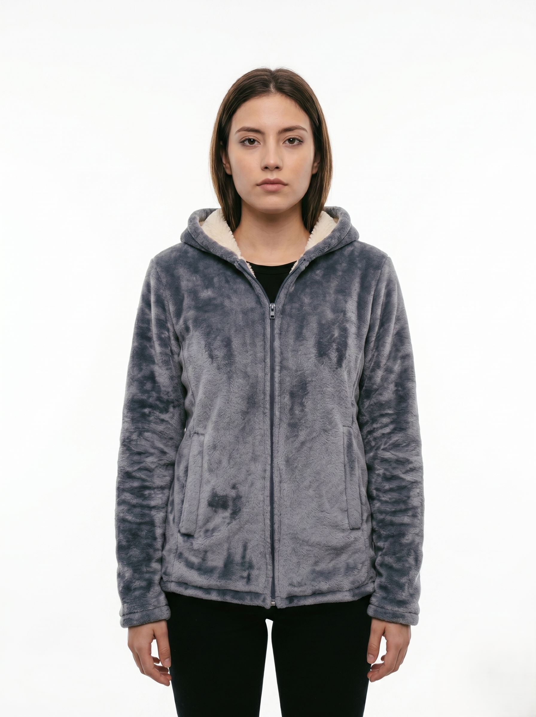 Chamarra Polar Térmica con Capucha y Forro Sherpa Gris Ártico