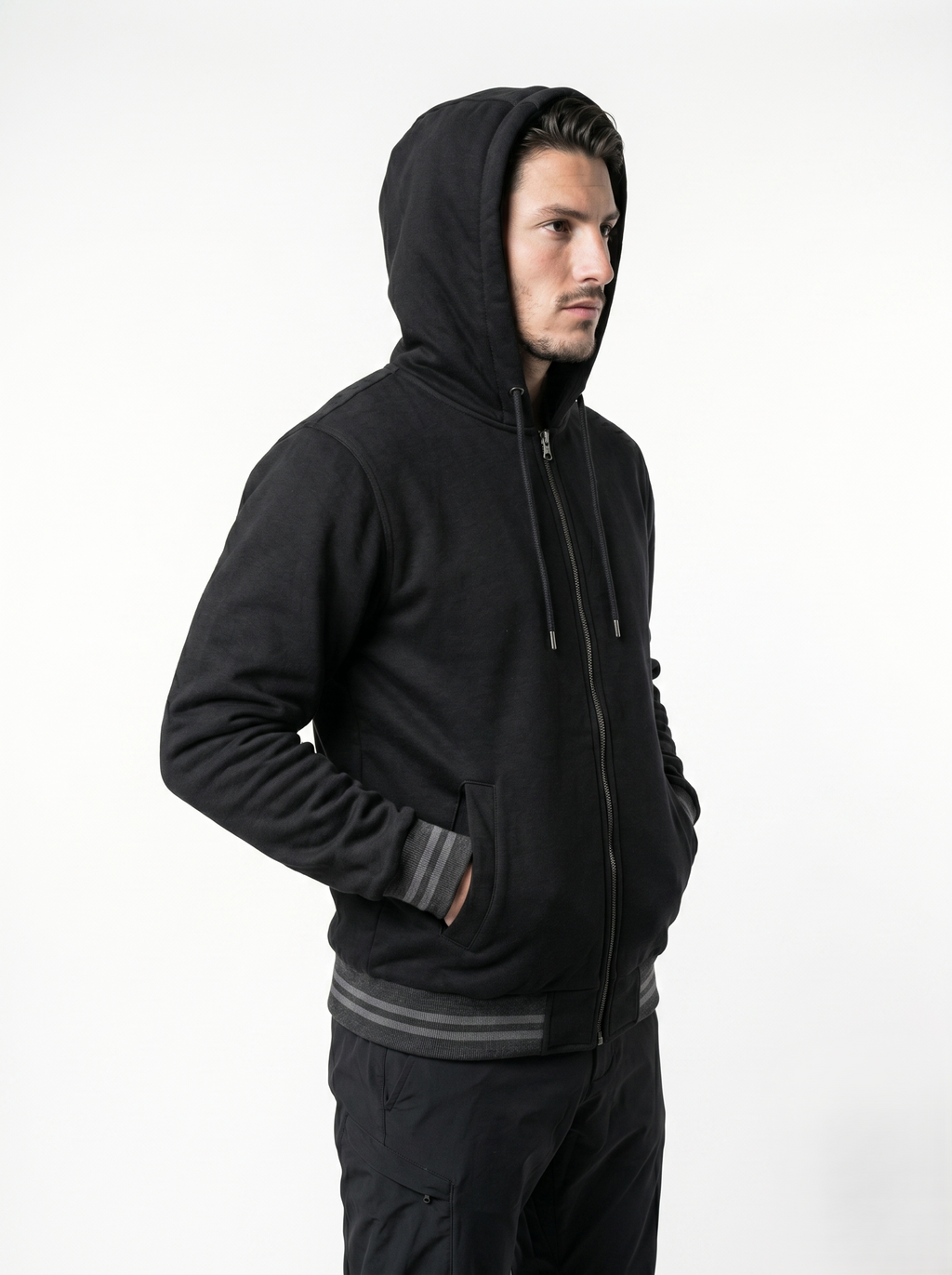 Chamarra Polar Ligera Para Hombre Con Gorro Negro Casual
