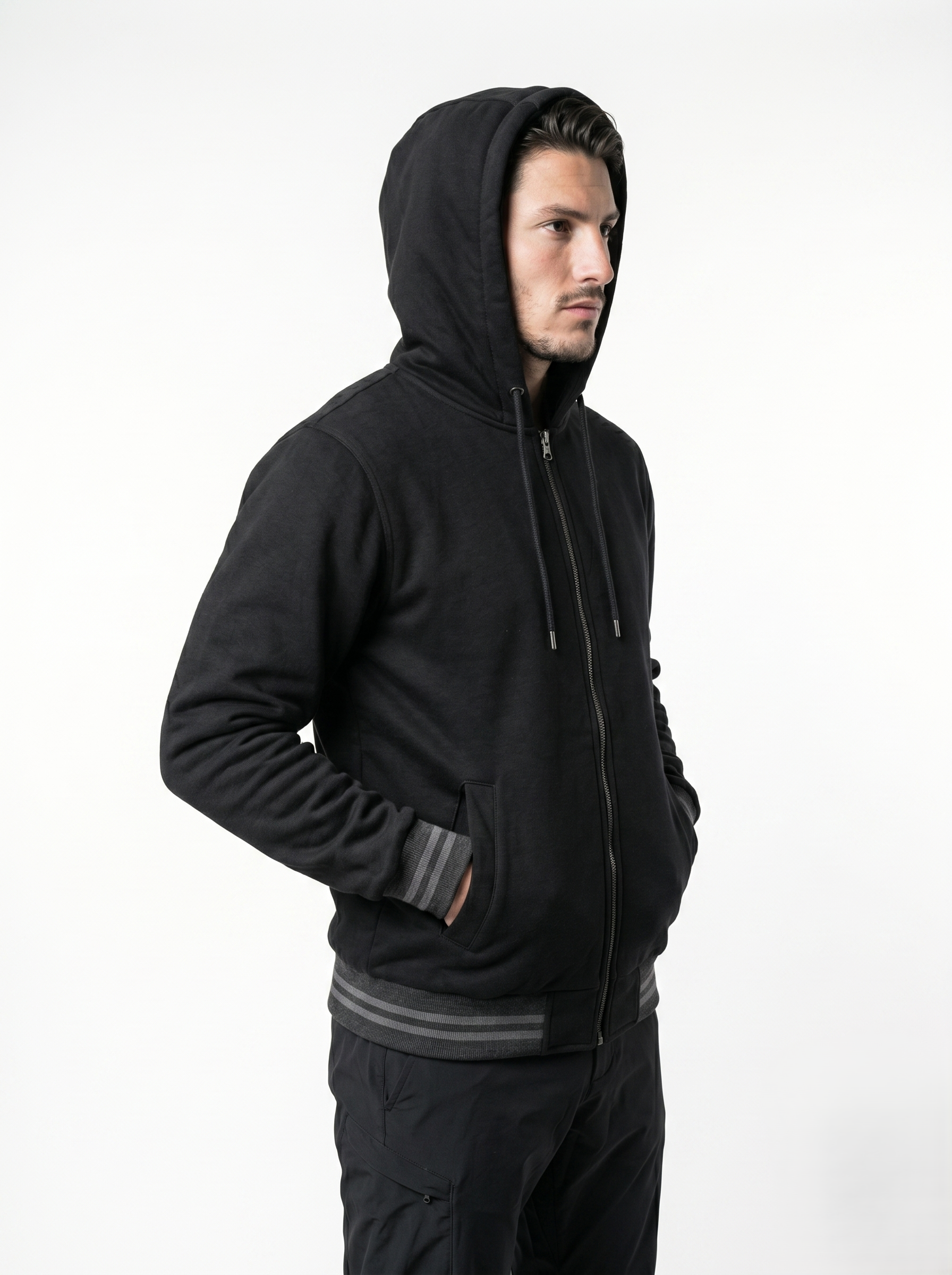 Chamarra Polar Ligera Para Hombre Con Gorro Negro Casual