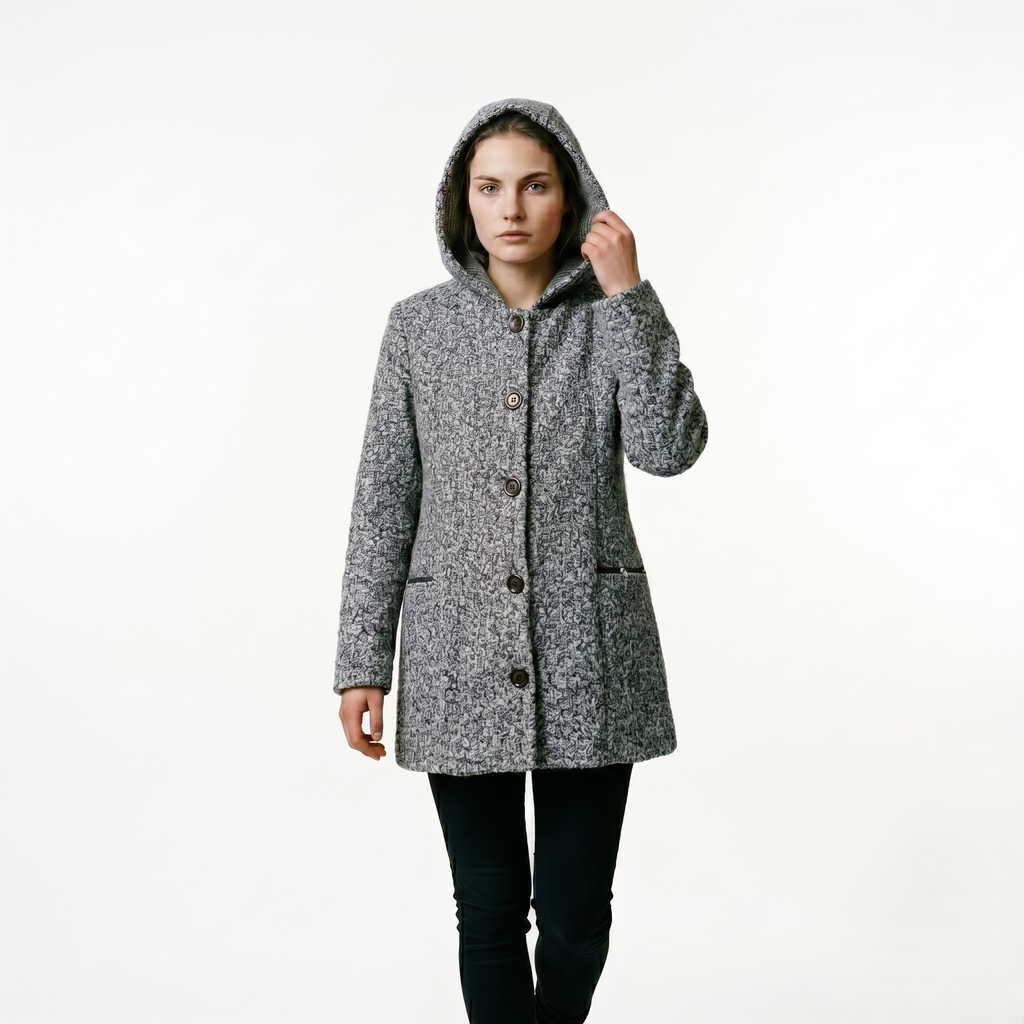 Abrigo Texturizado con Gorro para Mujer en Color Gris