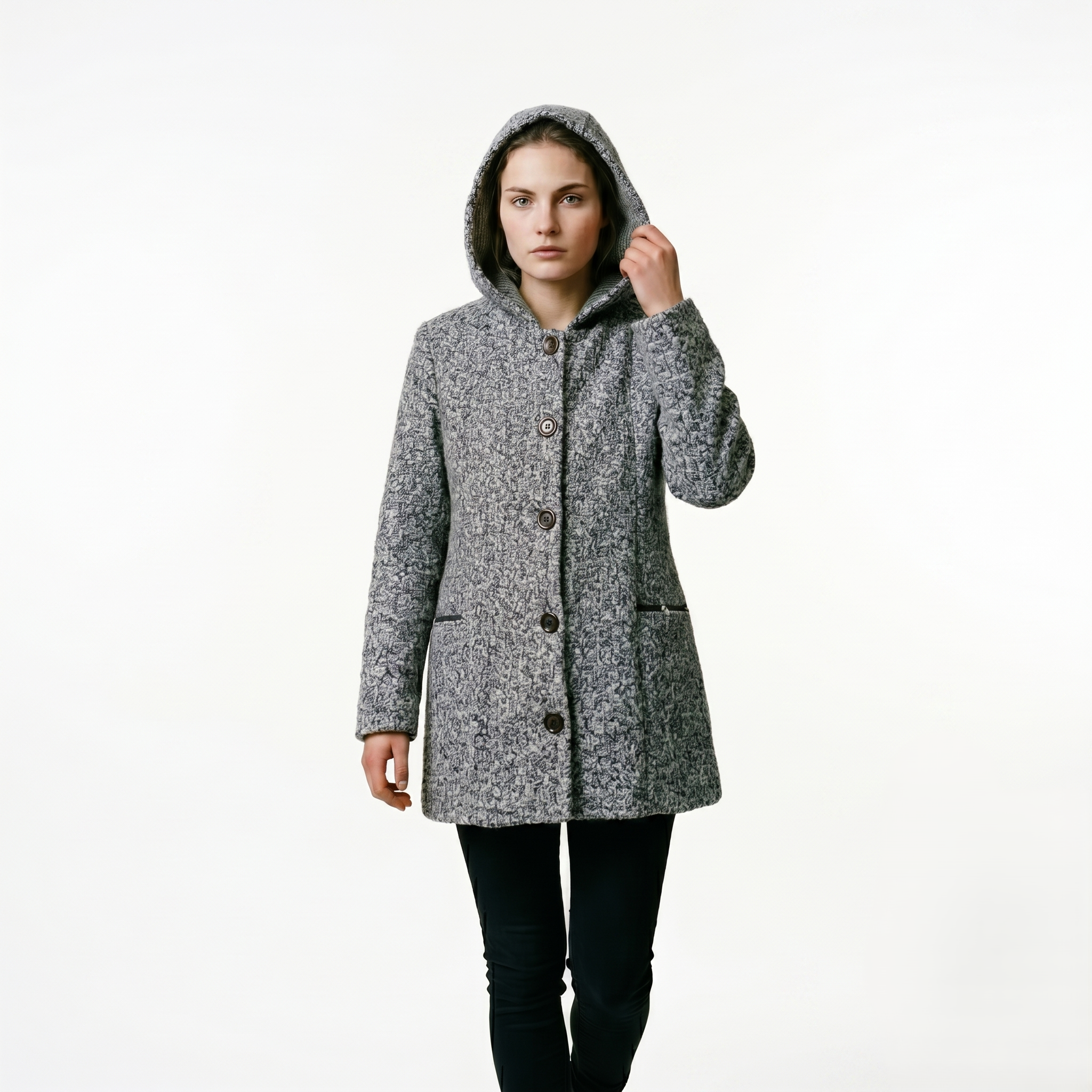 Abrigo Texturizado con Gorro para Mujer en Color Gris