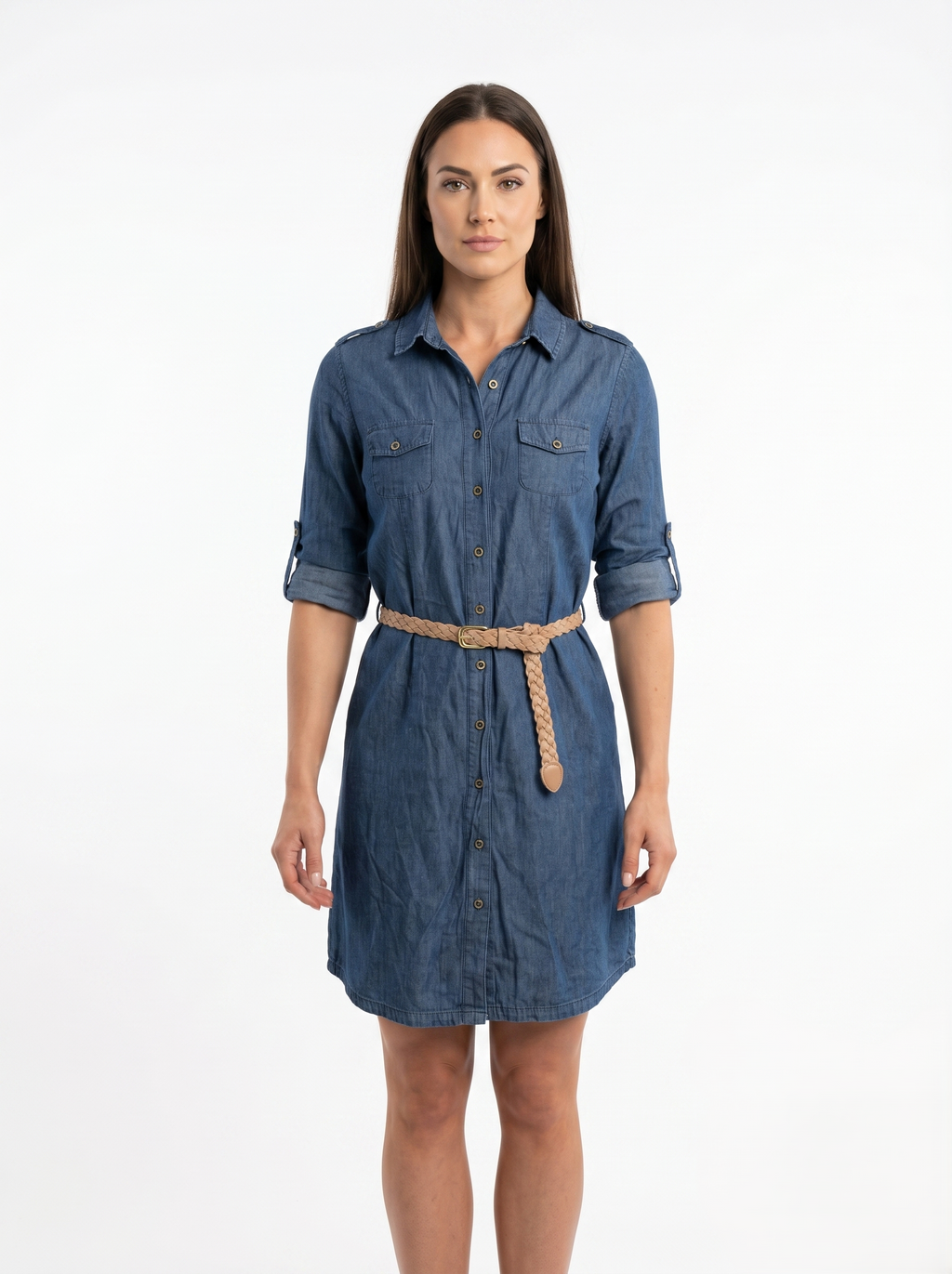 Vestido Camisero De Mezclilla Tono Obscuro Casual Incluye Cinturón