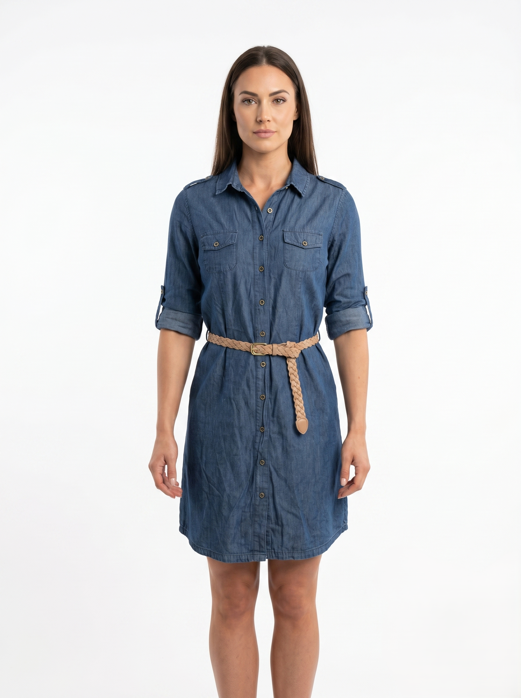 Vestido Camisero De Mezclilla Tono Obscuro Casual Incluye Cinturón