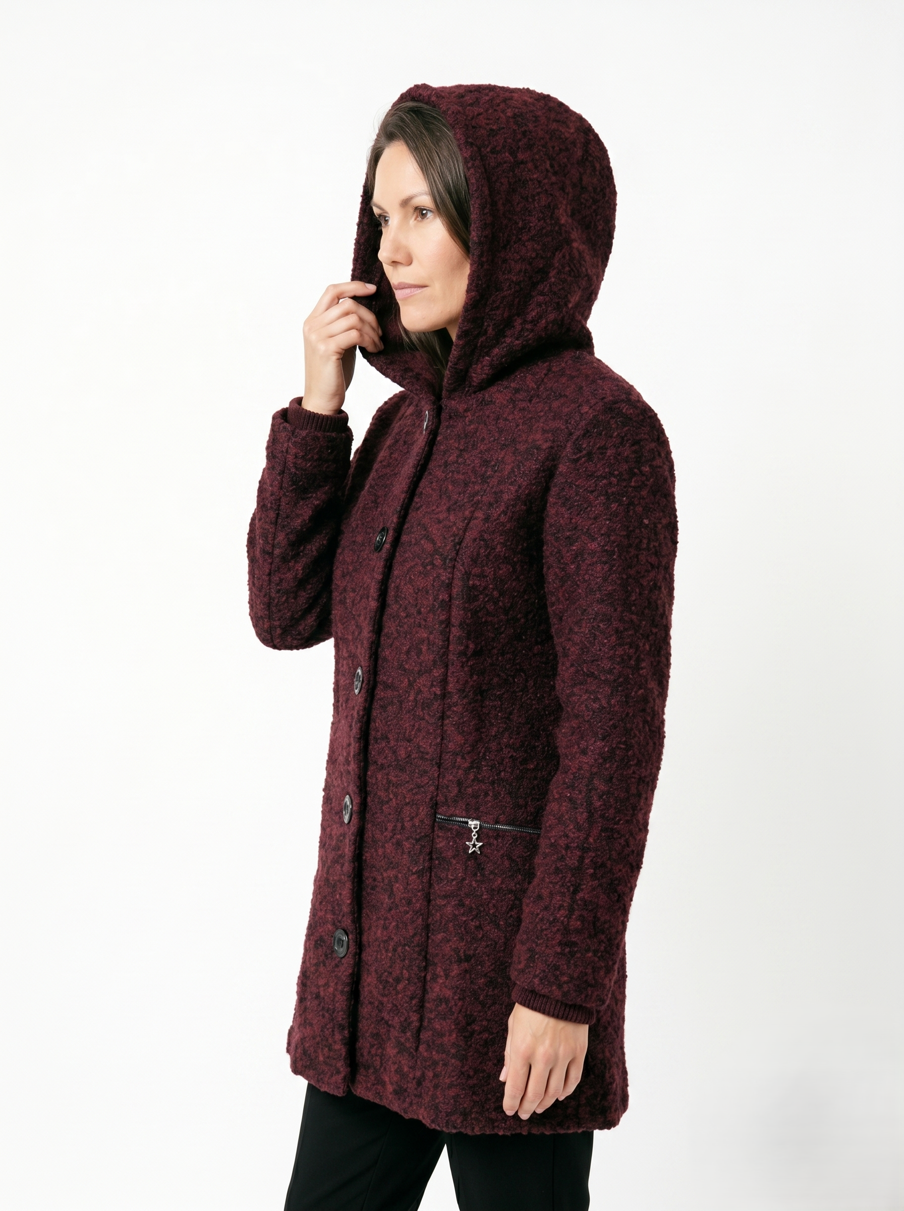 Abrigo Texturizado con Gorro para Mujer en Color Burdeos