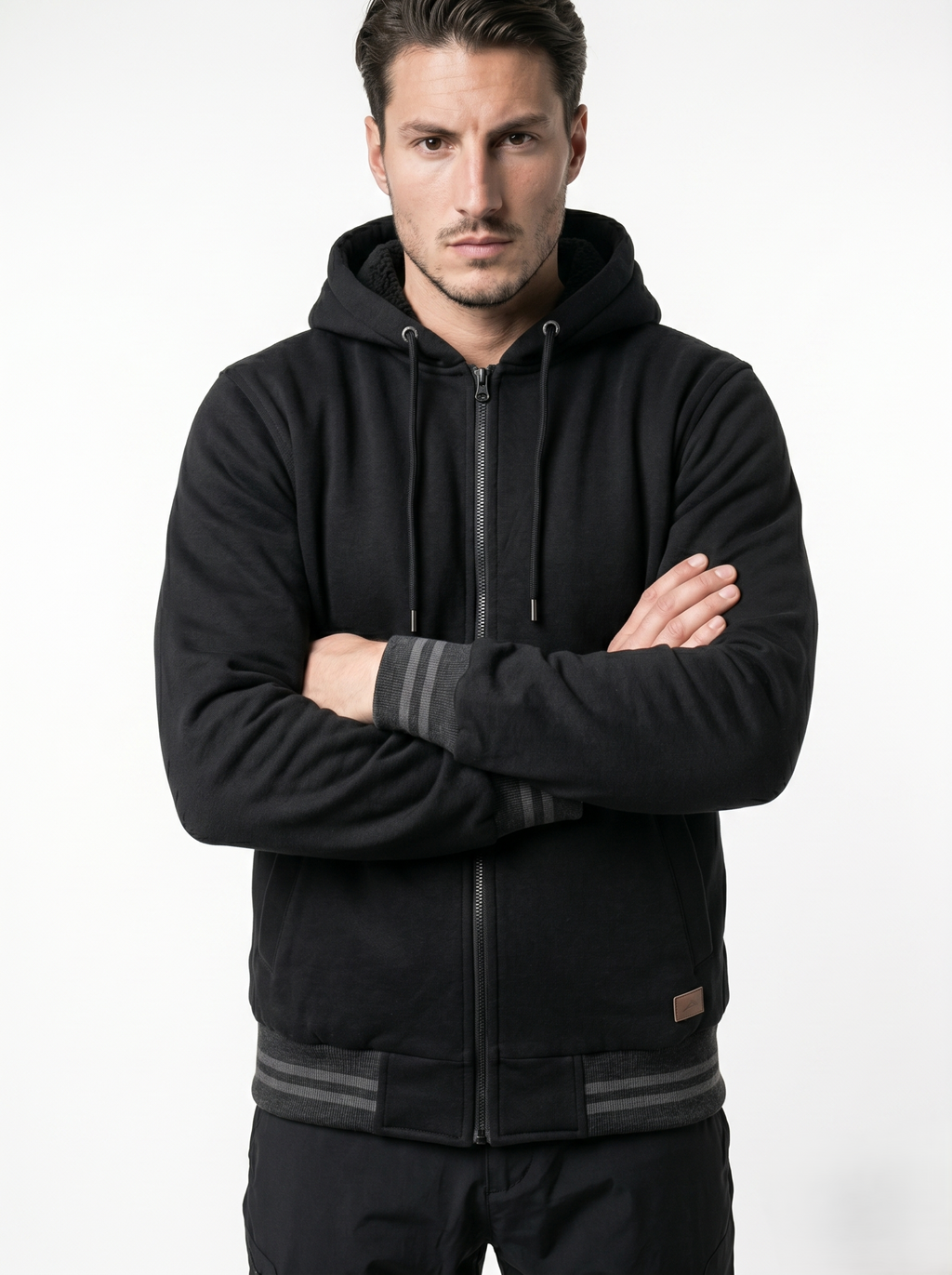 Chamarra Polar Ligera Para Hombre Con Gorro Negro Casual