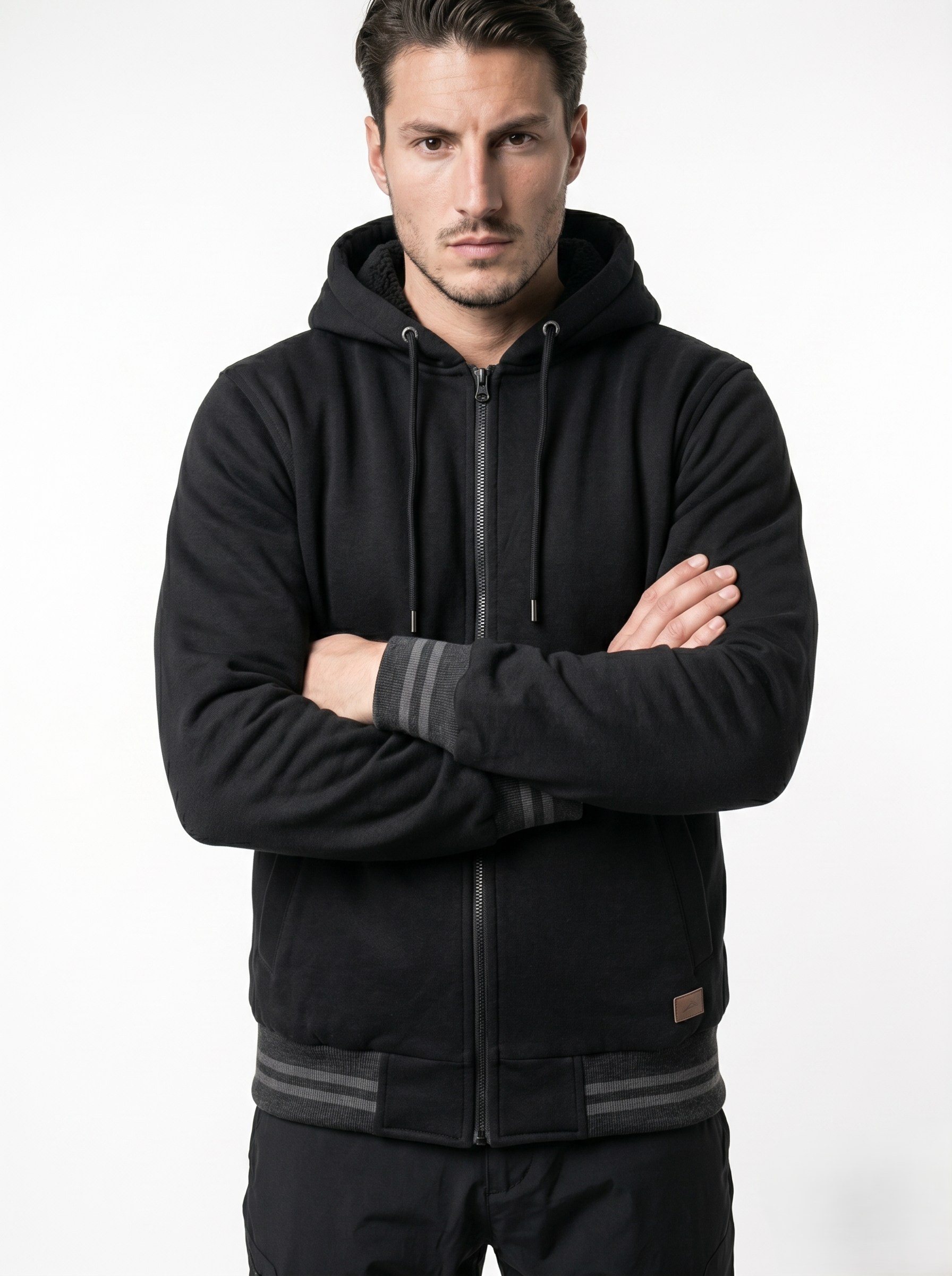Chamarra Polar Ligera Para Hombre Con Gorro Negro Casual