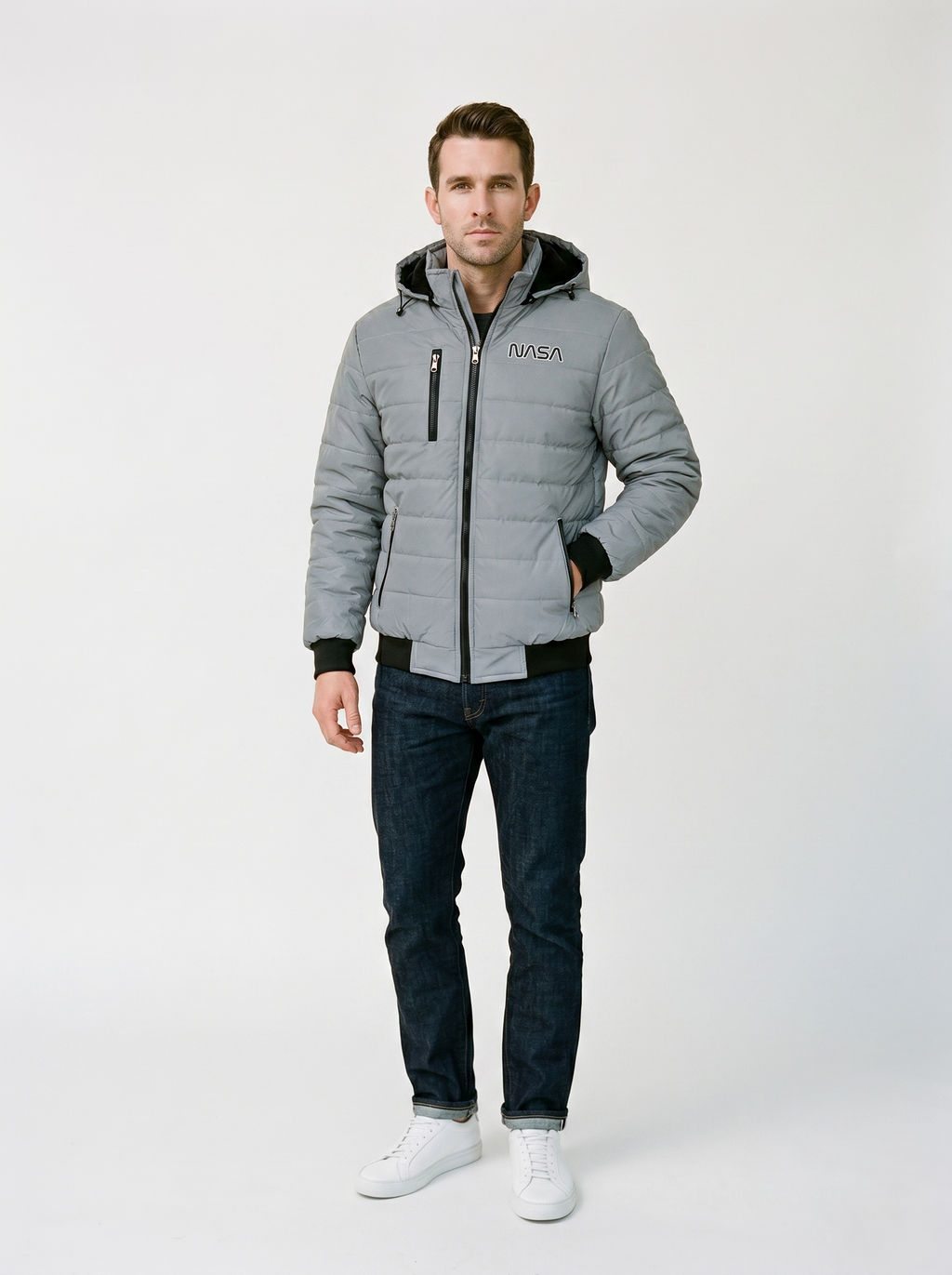 Chamarra Puffer Reflectiva NASA Gris Espacial