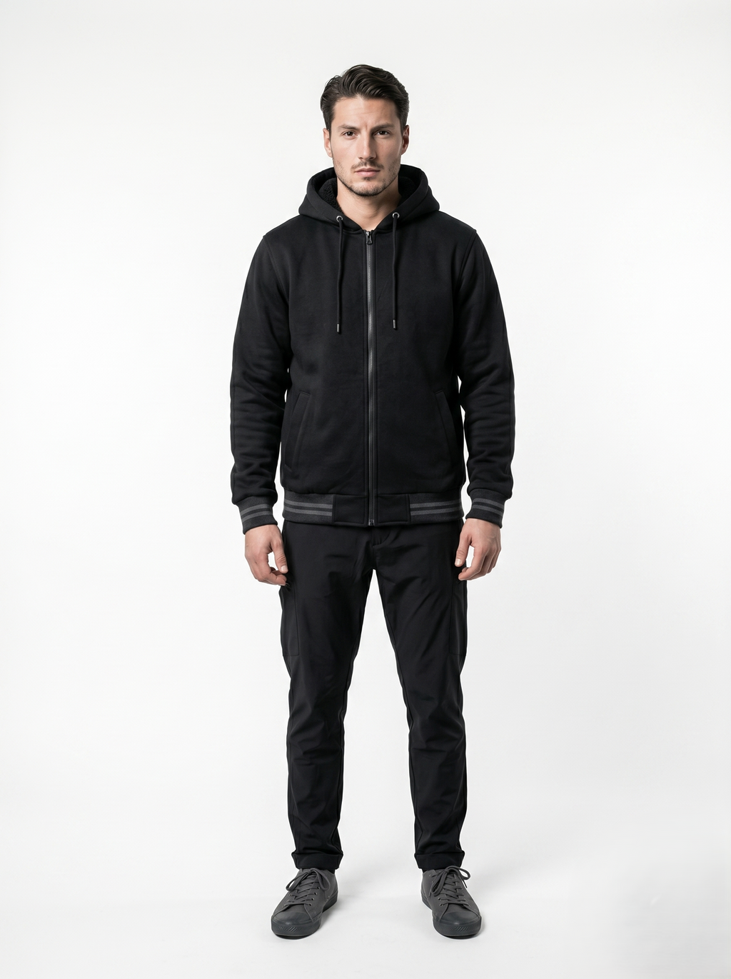 Chamarra Polar Ligera Para Hombre Con Gorro Negro Casual