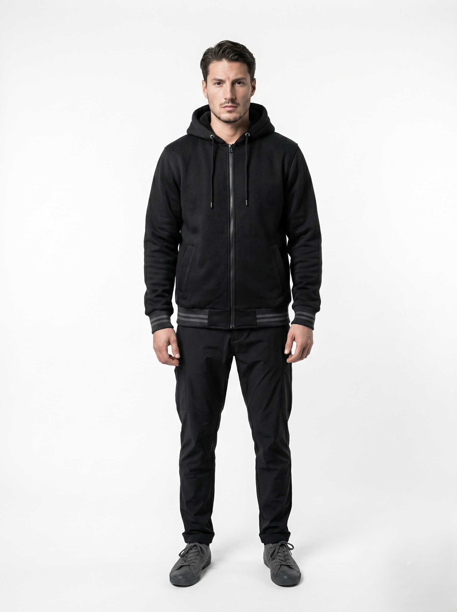 Chamarra Polar Ligera Para Hombre Con Gorro Negro Casual