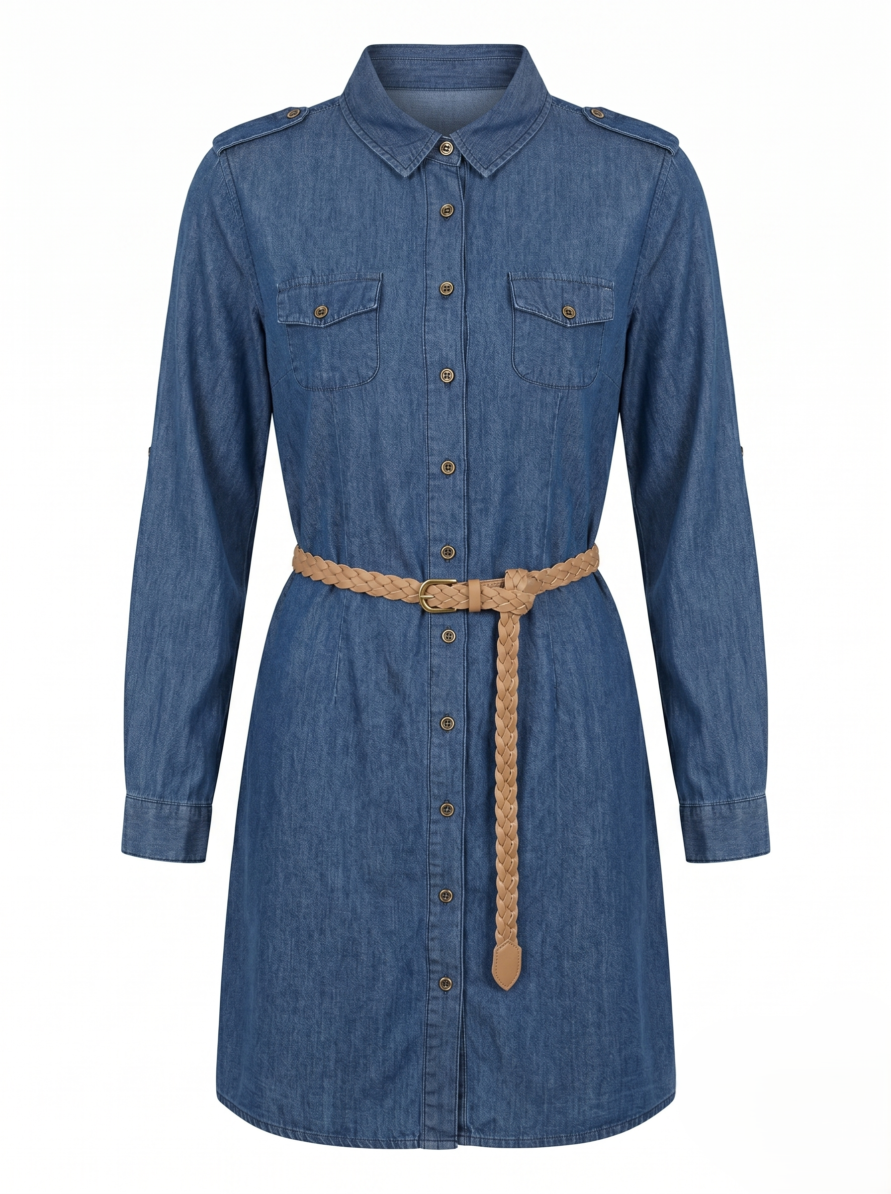 Vestido Camisero De Mezclilla Tono Obscuro Casual Incluye Cinturón