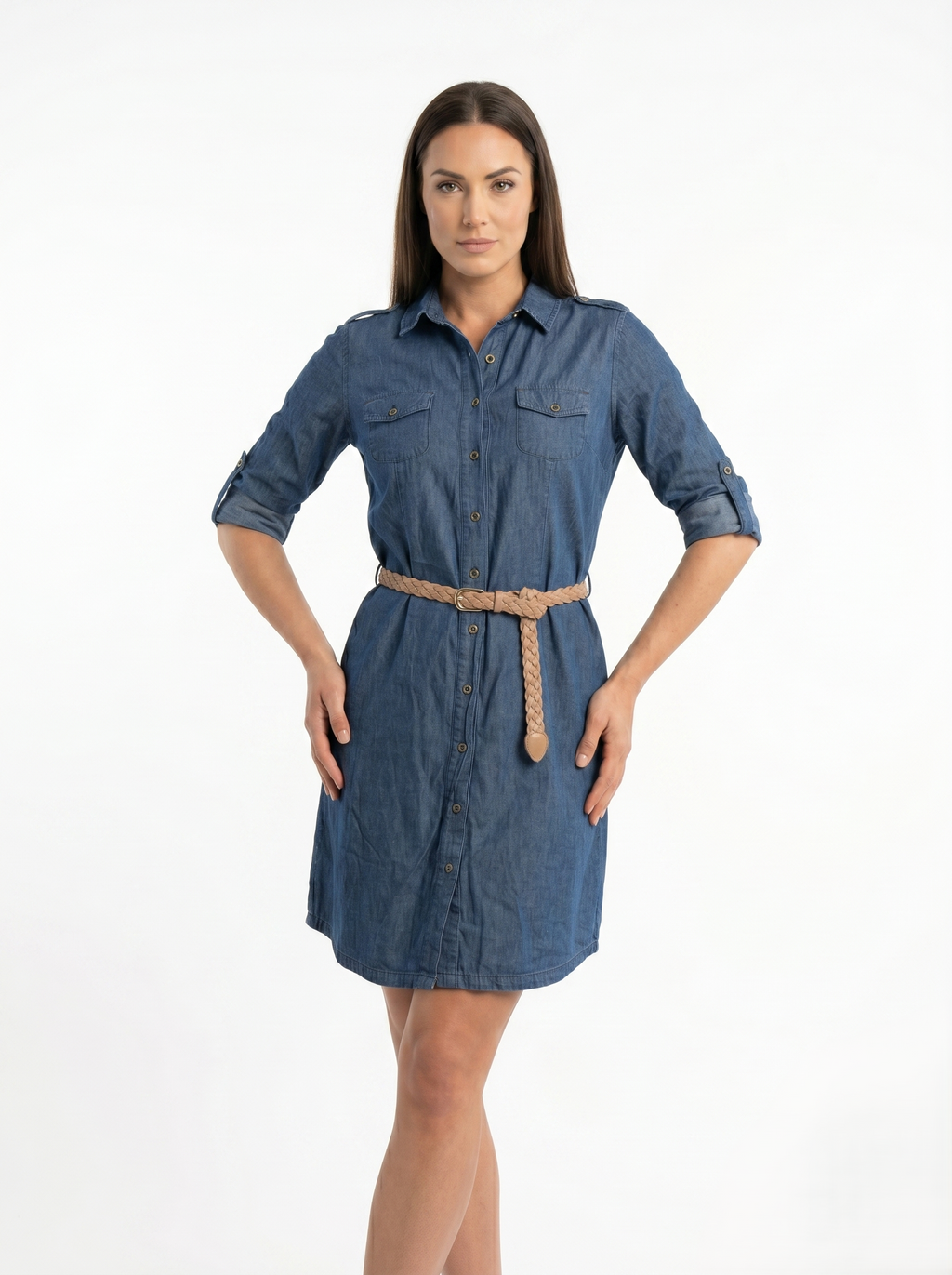 Vestido Camisero De Mezclilla Tono Obscuro Casual Incluye Cinturón