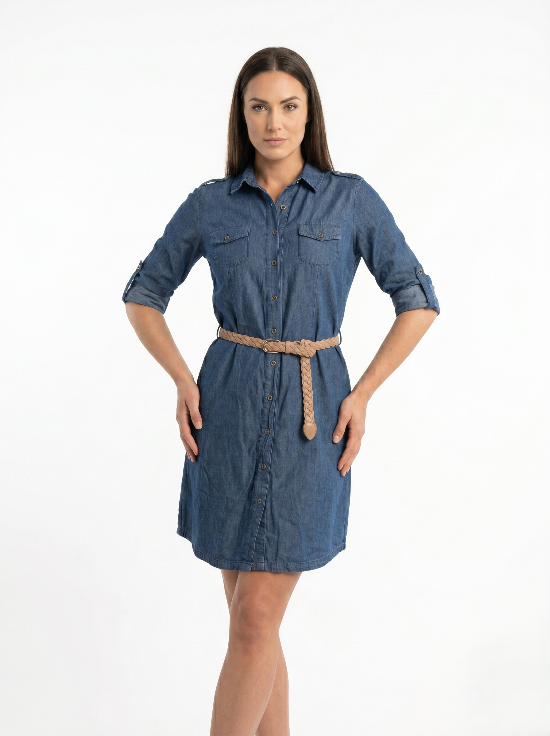 Vestido Camisero De Mezclilla Tono Obscuro Casual Incluye Cinturón
