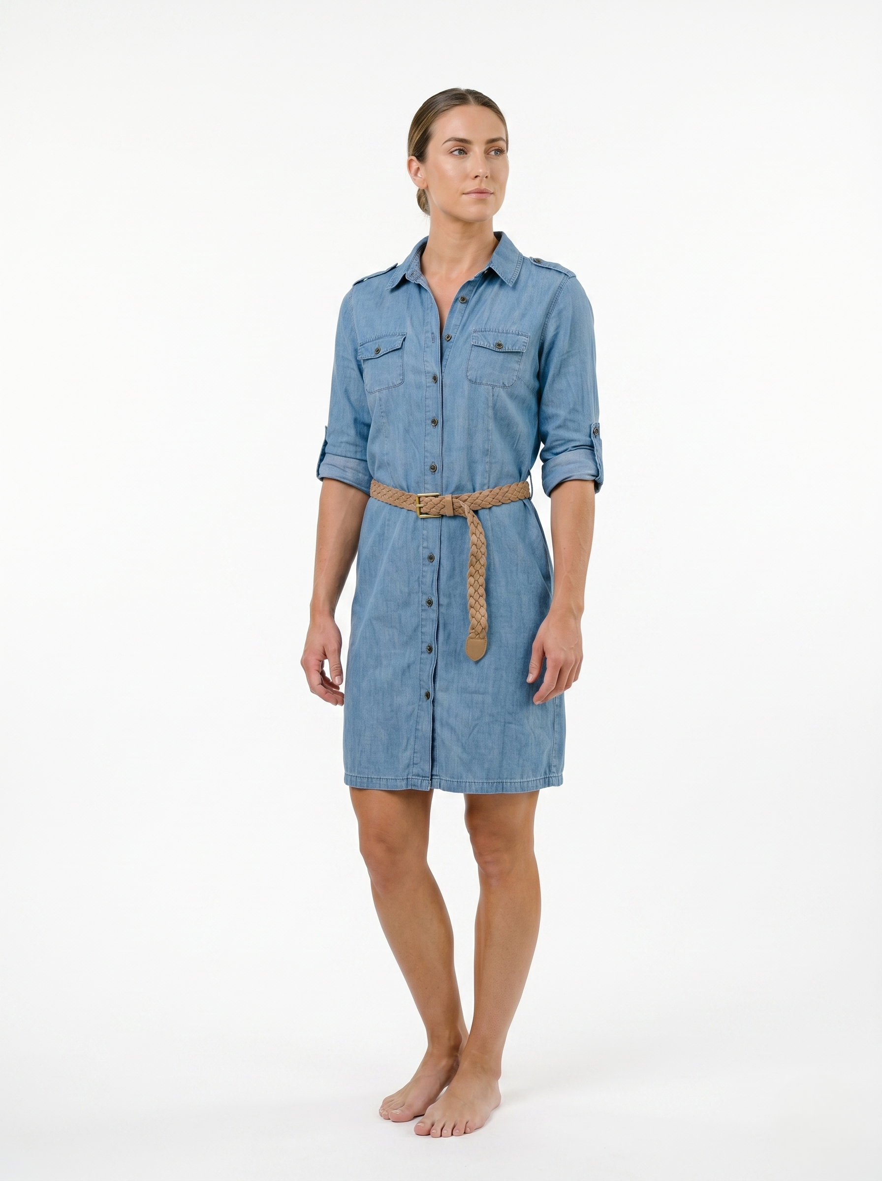 Vestido Camisero De Mezclilla Tono Claro Casual Incluye Cinturón